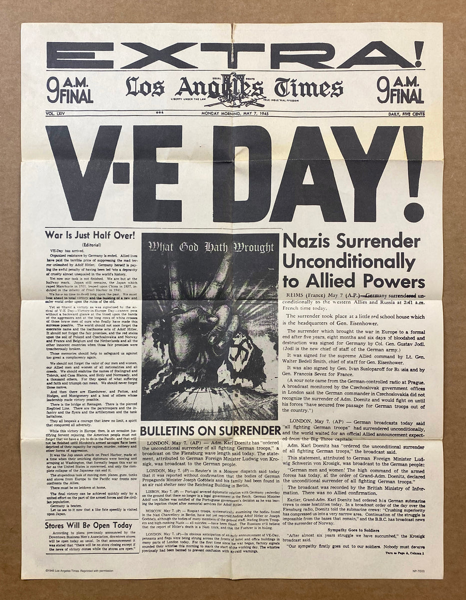 1945 Los Angeles Times Newspaper Extra V-E Day Souvenir Poster