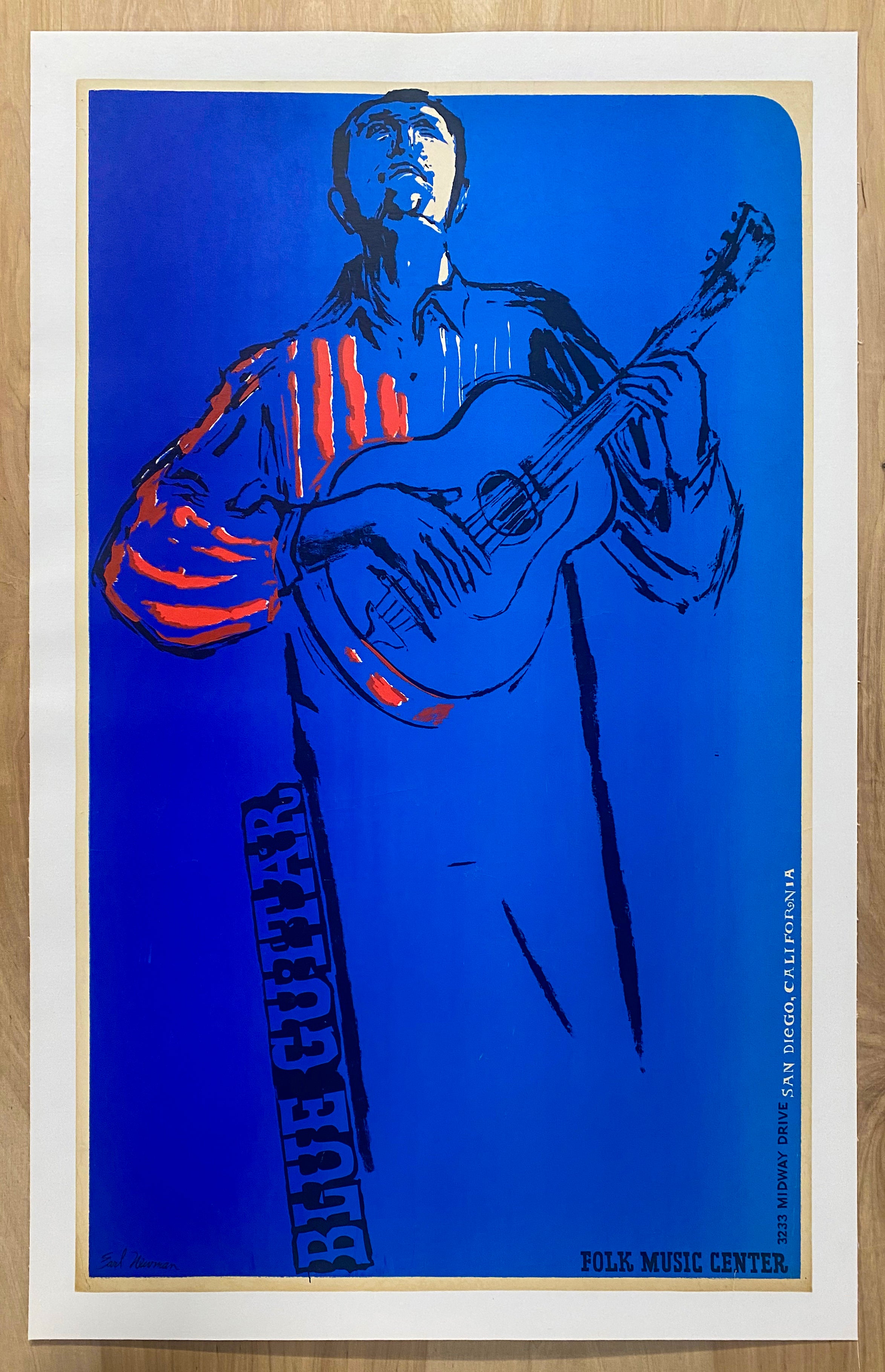 c.1960s Blue Guitar San Diego Folk Music Center Poster by Earl