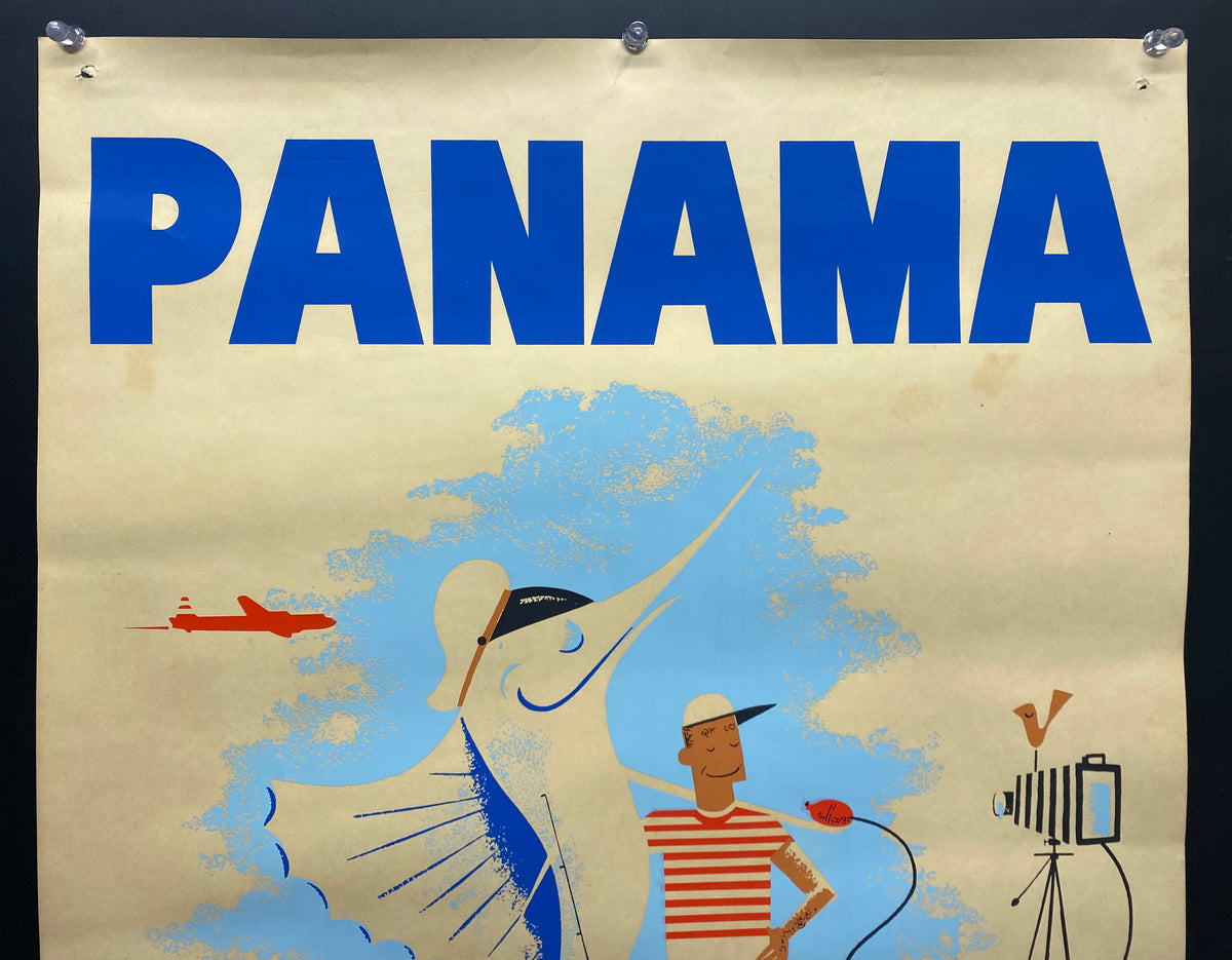 1950s Braniff International Airways Panama Poster Fisherman Vintage 