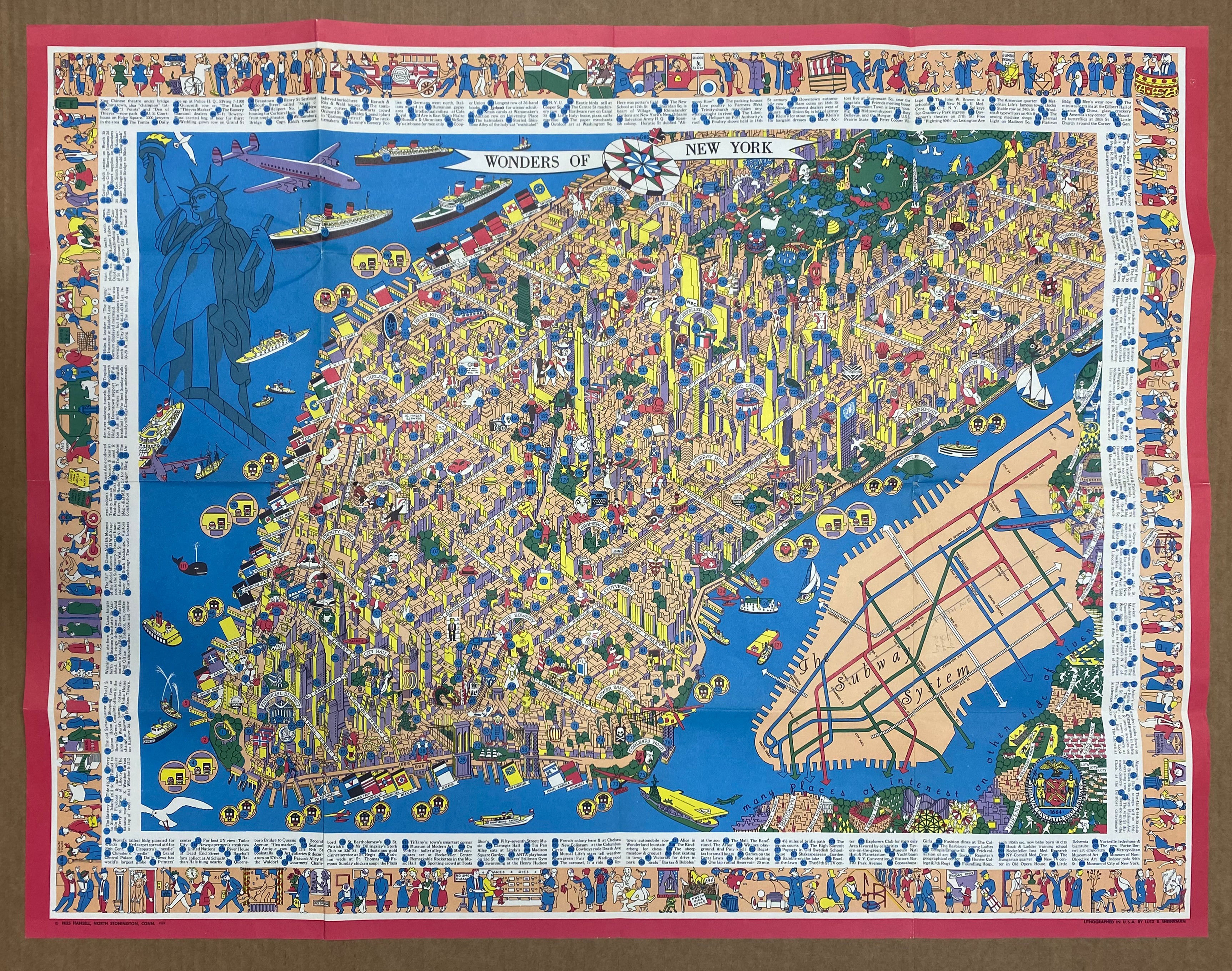 c.1953 New York's Wonder Map Nils Hansell Pictorial Cartoon City