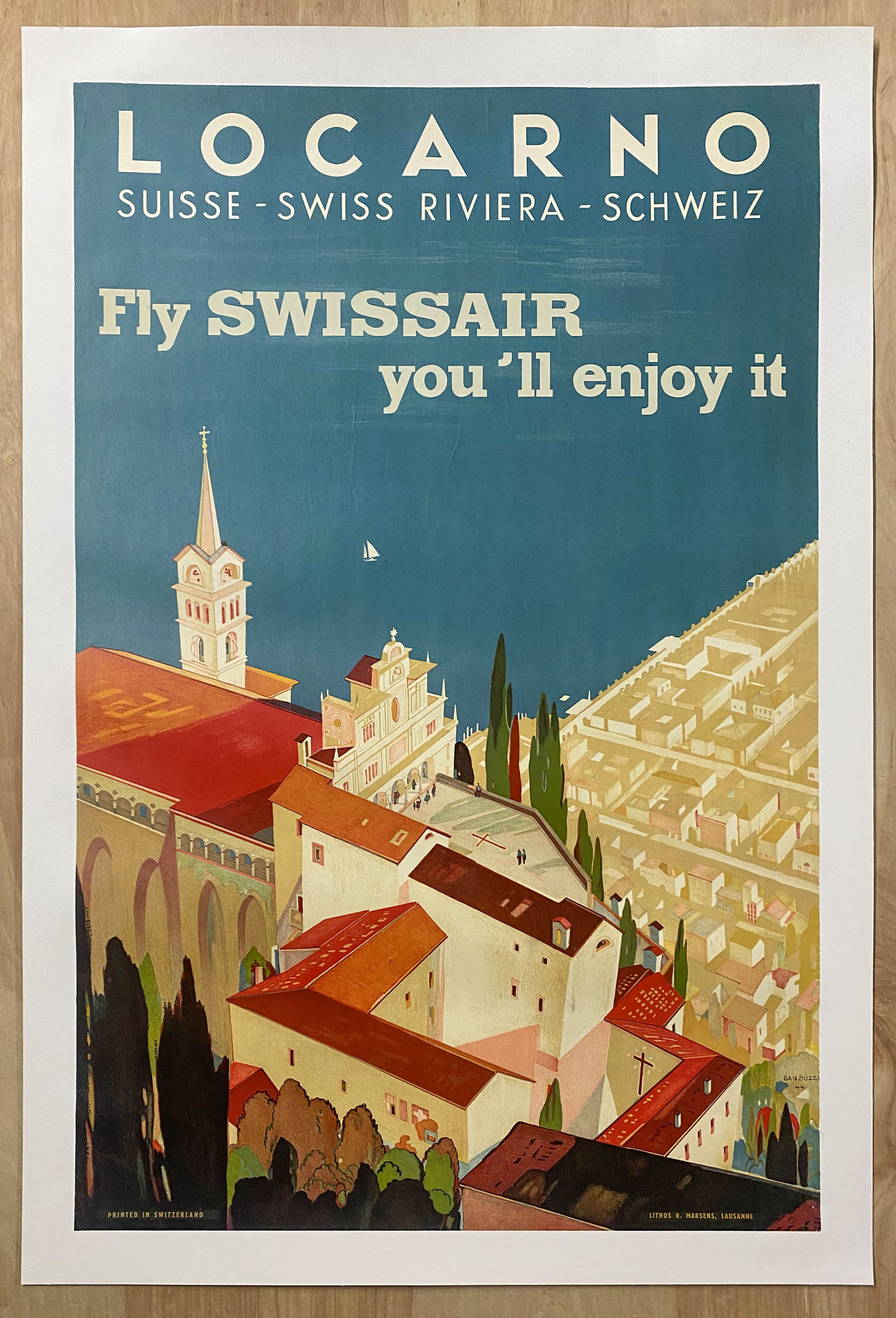 c.1950s Fly Swissair Locarno Switzerland Poster by Daniele Buzzi