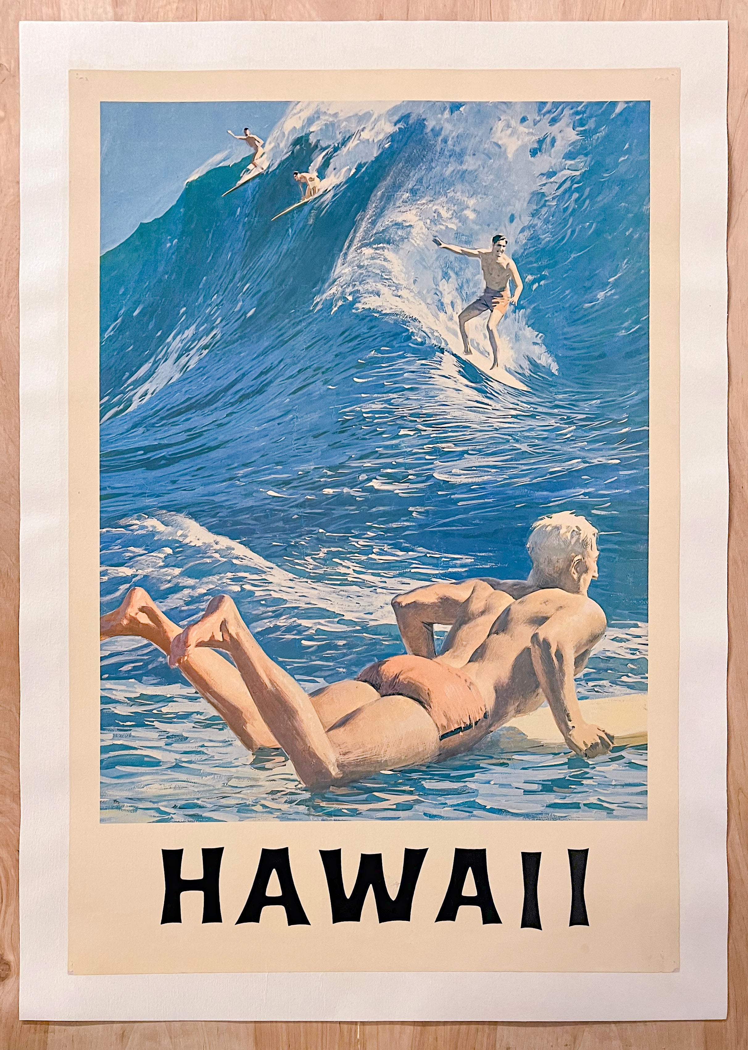 c.1960s Hawaii Hawaiian Travel Poster Surfing Surfers Vintage