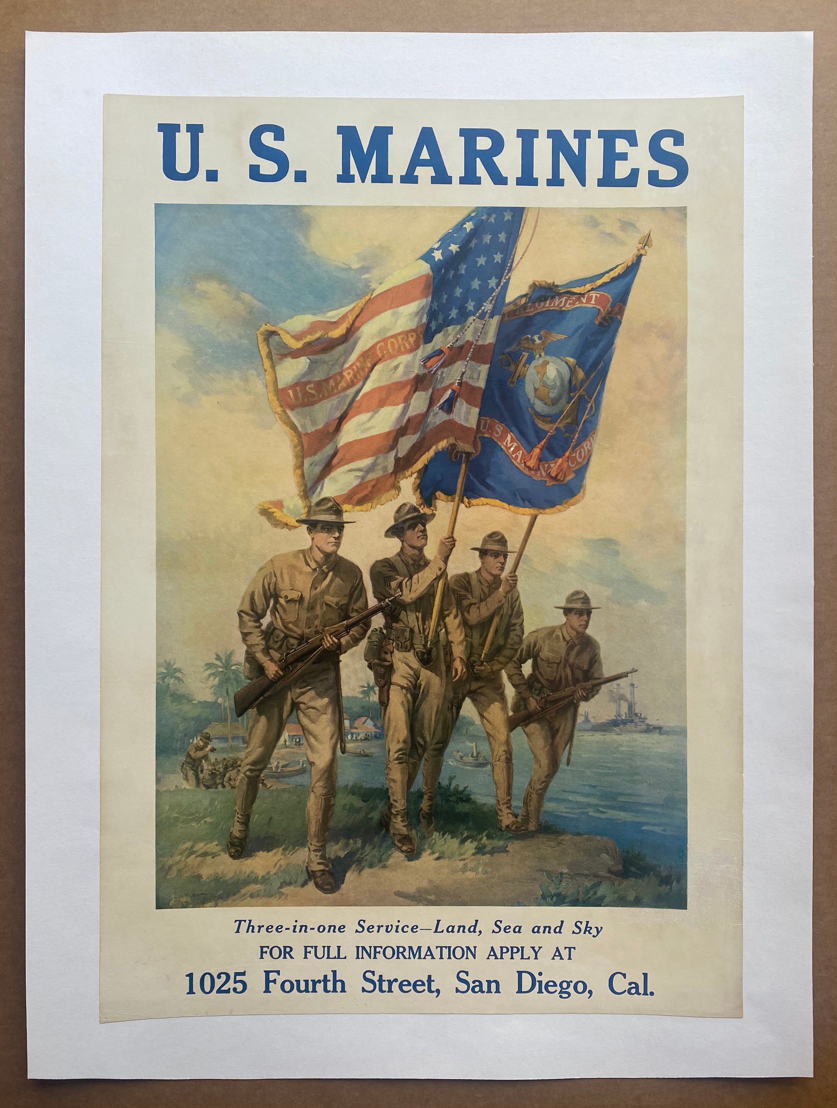 c.1917 U.S. MARINES Three-In-One Service Land Sea Sky Poster San