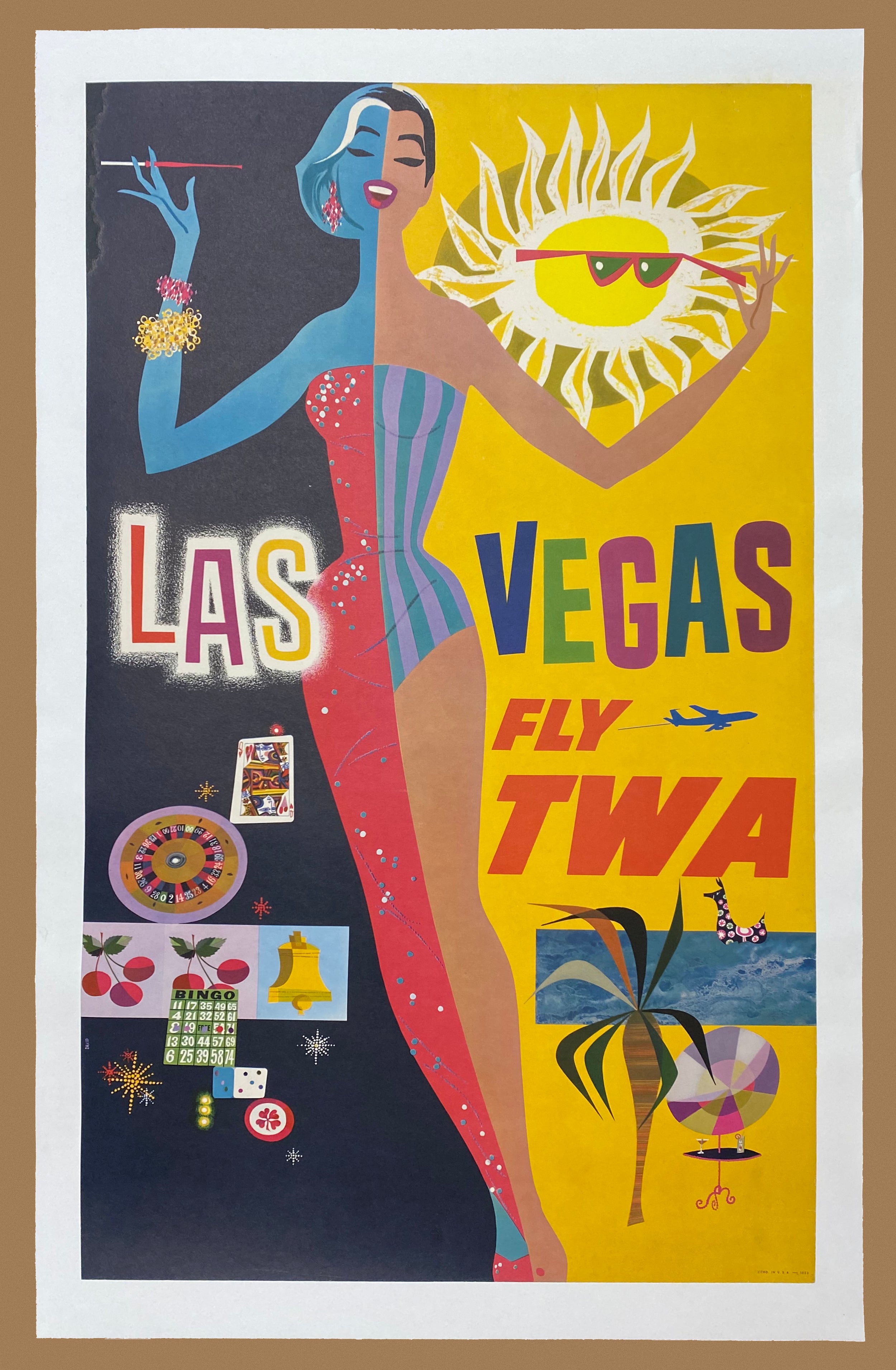 c.1960s Las Vegas Fly Poster TWA David Klein Airline Vintage