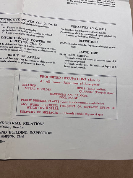 1945 Employment of Women Ohio Emergency Regulations Poster Ohio WWII Original 