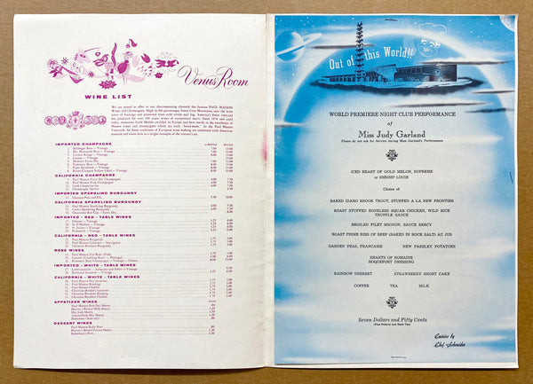 1956 Judy Garland New Frontier Hotel Las Vegas Debut Menu by Saul Bass