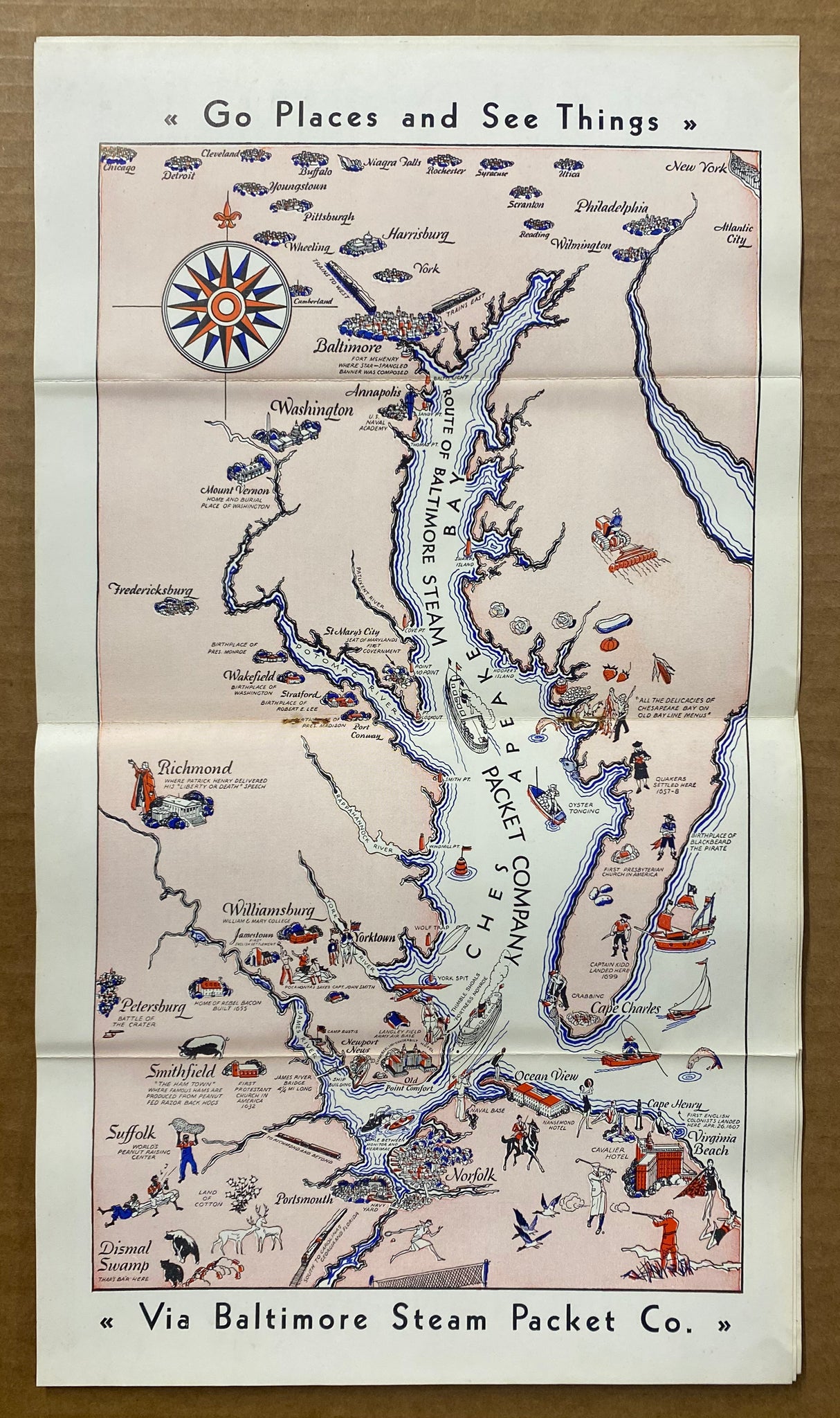 c.1950 Baltimore Steam Packet Co. Chesapeake Bay Pictorial Map