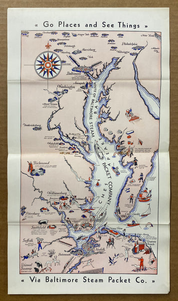c.1950 Baltimore Steam Packet Co. Chesapeake Bay Pictorial Map