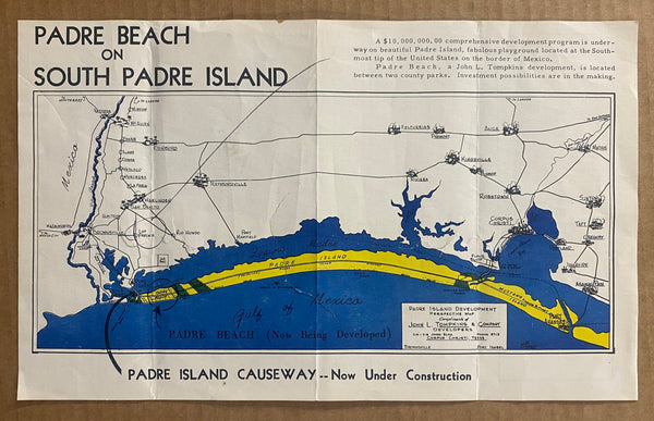 c.1952 South Padre Island Texas Real Estate Development Map John L. Tompkins
