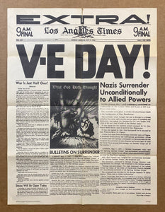 1945 Los Angeles Times Newspaper Extra V-E Day Souvenir Poster WWII Vintage