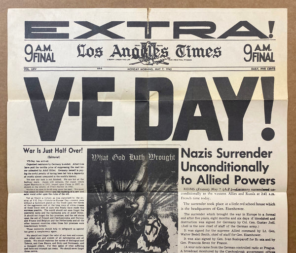 1945 Los Angeles Times Newspaper Extra V-E Day Souvenir Poster WWII Vintage