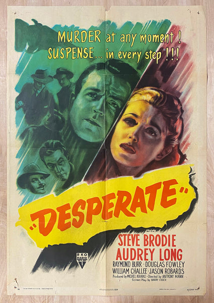 1947 Desperate One Sheet Movie RKO Pictures Suspense Film Noir