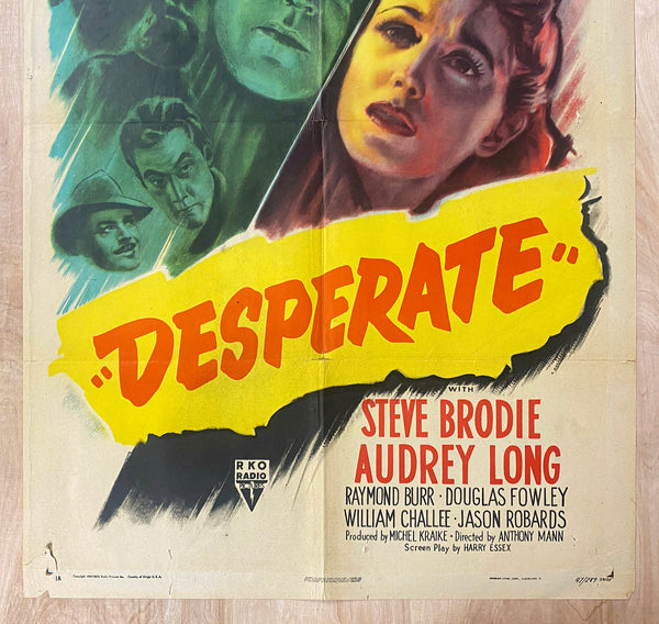 1947 Desperate One Sheet Movie RKO Pictures Suspense Film Noir