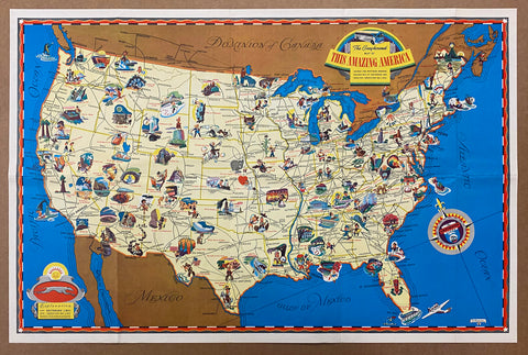 1941 Greyhound Map of This Amazing America Pictorial Cartoon Map
