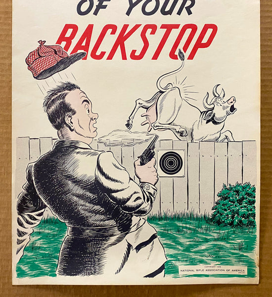 1946 Be Sure Of Your Backstop NRA Gun Safety Cartoon Poster Vintage