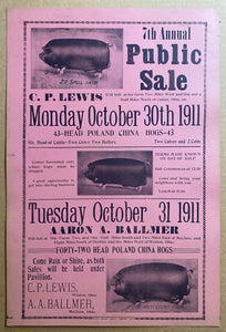 1911 Ohio Farm Auction Illustrated Broadside Poland China Hogs Antique