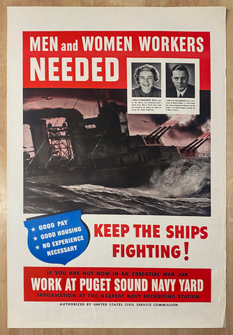 c.1942 Keep The Ships Fighting Work At Puget Sound Navy Yard WWII
