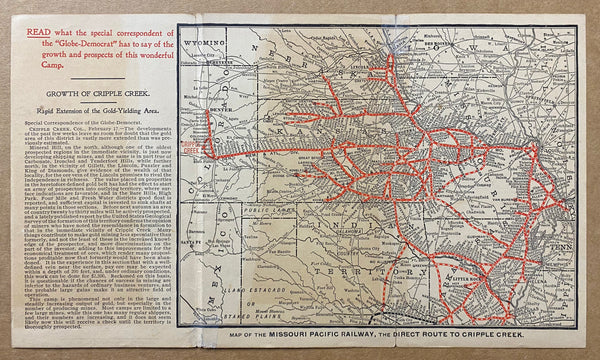 c.1891 Cripple Creek Colorado Gold Mining Camp Timetable Map Brochure Missouri Pacific Railway