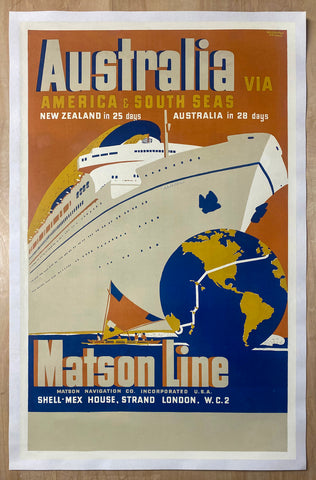 c.1932 Matson Line Australia via America and South Seas Melbourne Brindle