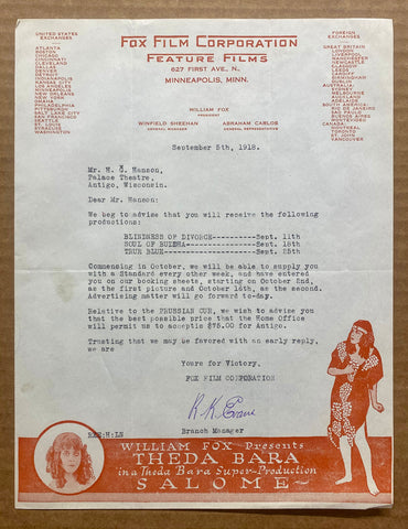1918 Fox Film Corp Theda Bara In Salome Advertising Illustrated Letterhead