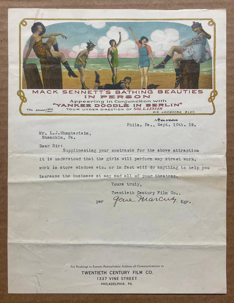 1919 Mack Sennett's Bathing Beauties Yankee Doodle In Berlin Illustrated Letterhead Sol Lesser