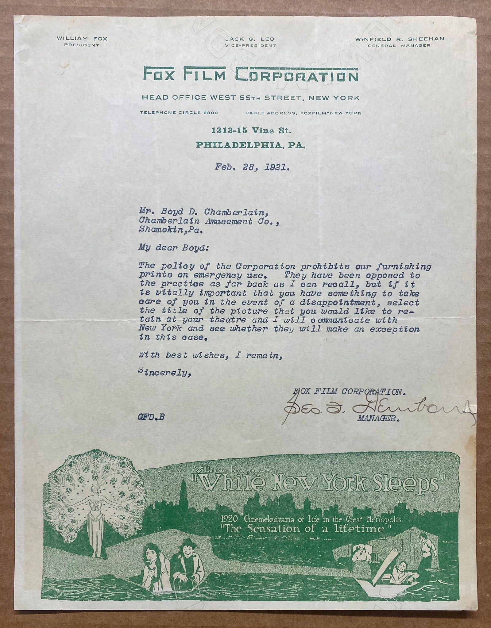 1921 While New York Sleeps Fox Film Corp Illustrated Advertising Letterhead Silent