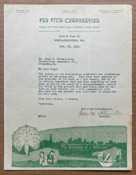 1921 While New York Sleeps Fox Film Corp Illustrated Advertising Letterhead Silent