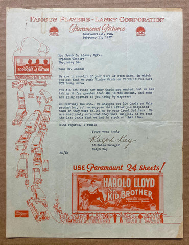 1927 Harold Lloyd The Kid Brother Illustrated Letterhead Paramount Laskey Famous Players