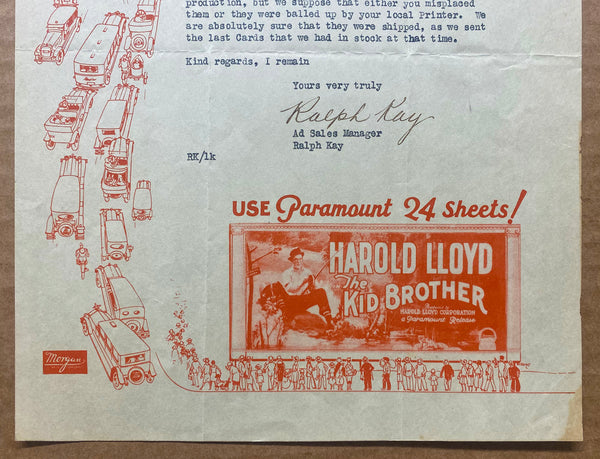 1927 Harold Lloyd The Kid Brother Illustrated Letterhead Paramount Laskey Famous Players