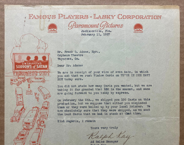 1927 Harold Lloyd The Kid Brother Illustrated Letterhead Paramount Laskey Famous Players