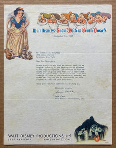1938 Snow White and Seven Dwarfs Illustrated Letterhead Walt Disney Productions