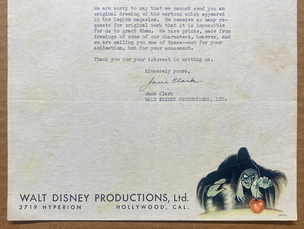 1938 Snow White and Seven Dwarfs Illustrated Letterhead Walt Disney Productions