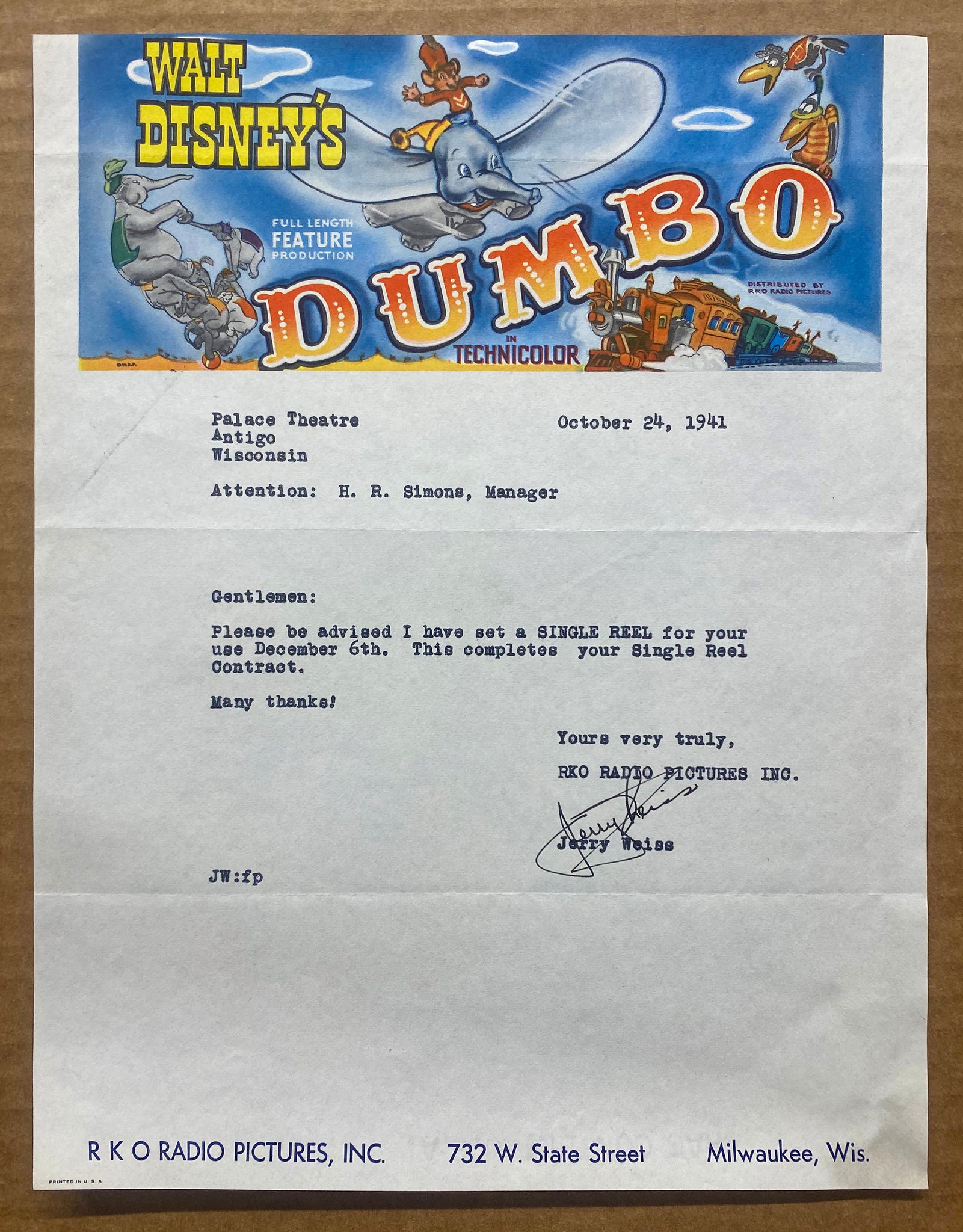 1941 Walt Disney's Dumbo Illustrated Letterhead Advertising RKO Radio ...