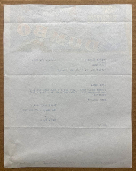 1941 Walt Disney's Dumbo Illustrated Letterhead Advertising RKO Radio Pictures