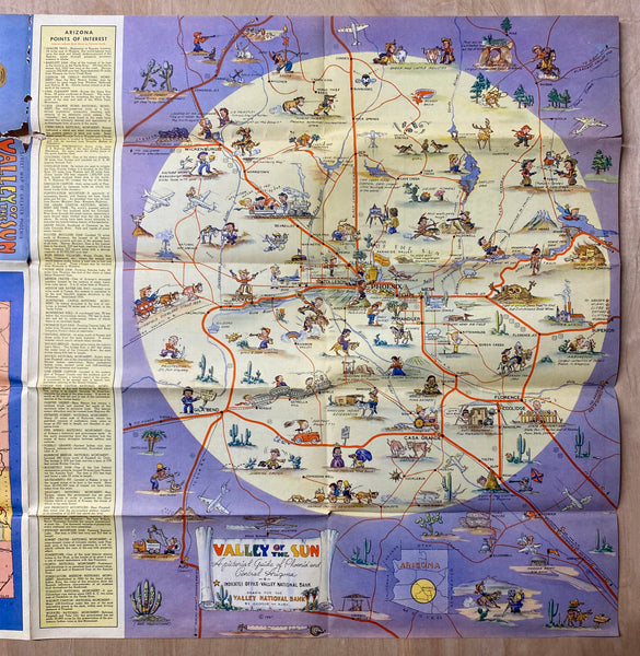 1947 Valley of the Sun Pictorial Cartoon Map Phoenix Central Arizona George M. Avey