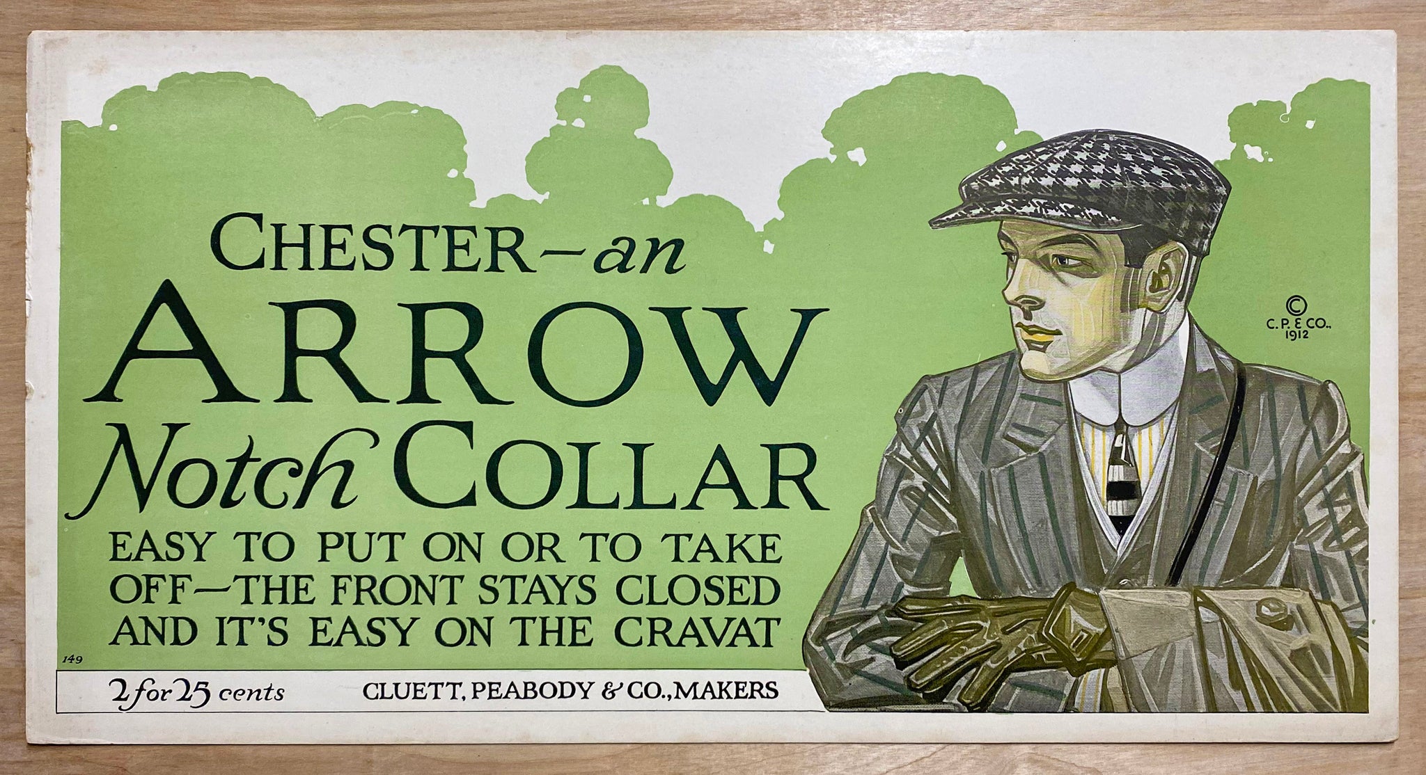 1912 Arrow Shirts Chester Notch Collar Trolley Card Sign Cluett Peabody & Co