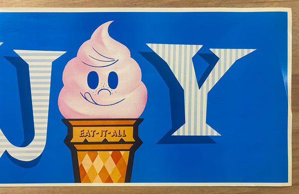 1964 ENJOY Eat-It-All Ice Cream Cone Bakeries Paper Sign Atomic Age