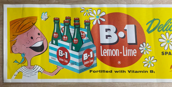 c.1950s B-1 Lemon Line Soda Paper Sign Banner Poster Atomic Age