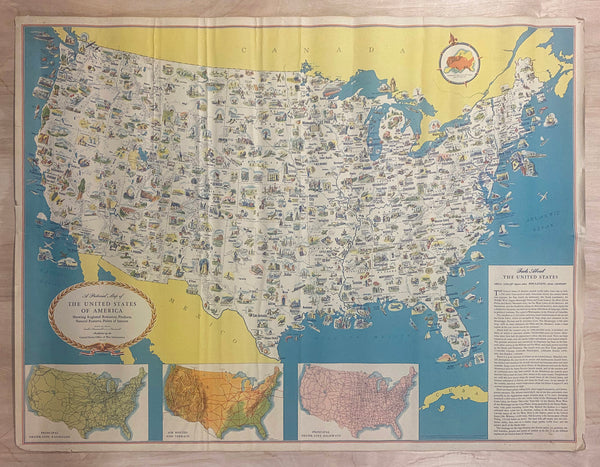 c.1945 Pictorial Map of the United States Office War Information WWII Era