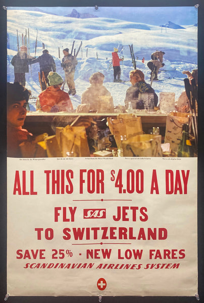 c.1960 Ski Switzerland for $4 A Day Scandinavian Airlines SAS Jets Skiing