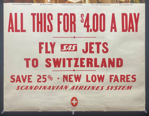 c.1960 Ski Switzerland for $4 A Day Scandinavian Airlines SAS Jets Skiing