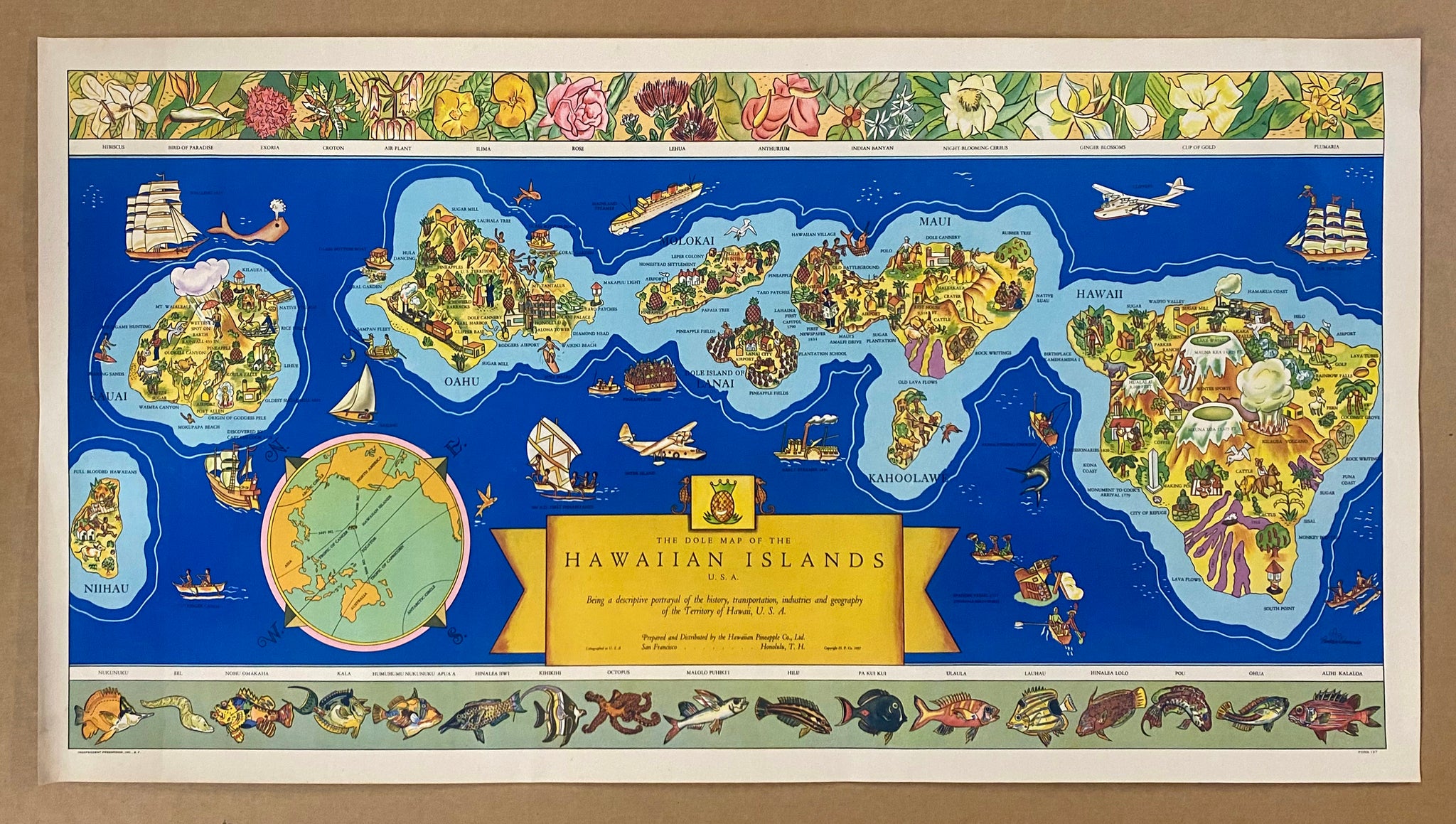 1937 The Dole Map of Hawaiian Islands Pictorial Map Parker Edwards