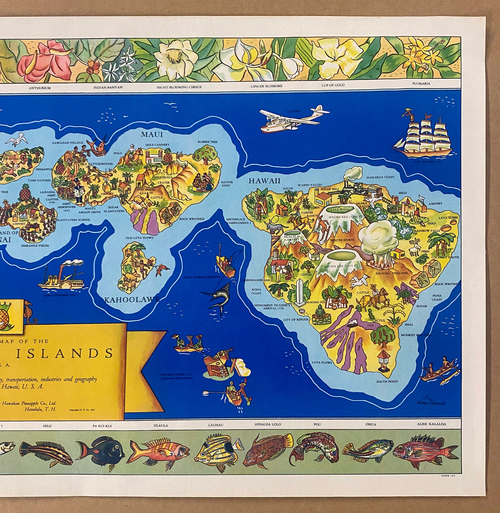 1937 Dole Map of Hawaiian Islands Pictorial Map Poster Parker