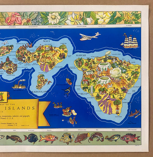 1937 The Dole Map of Hawaiian Islands Pictorial Map Parker Edwards