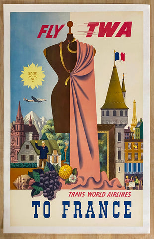 c.1950 Fly TWA To France Simon Greco Trans World Airlines Constellation