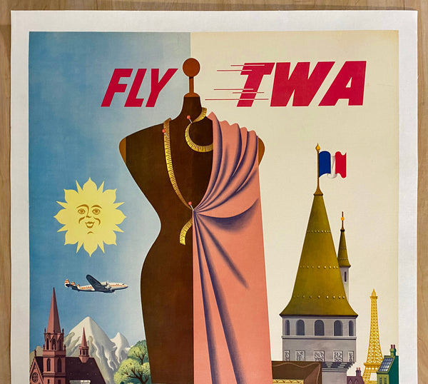 c.1950 Fly TWA To France Simon Greco Trans World Airlines Constellation