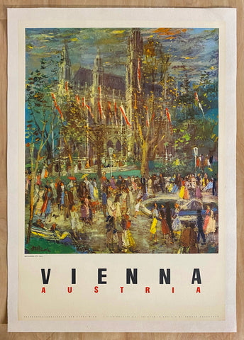 c.1950s Vienna Austria Beflagged City Hall Impressionistic Mid-Century