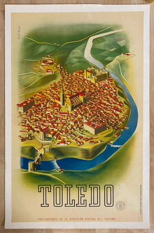 c.1940s Toledo Spain Bird’s-eye View Ricard Giralt Miracle Travel