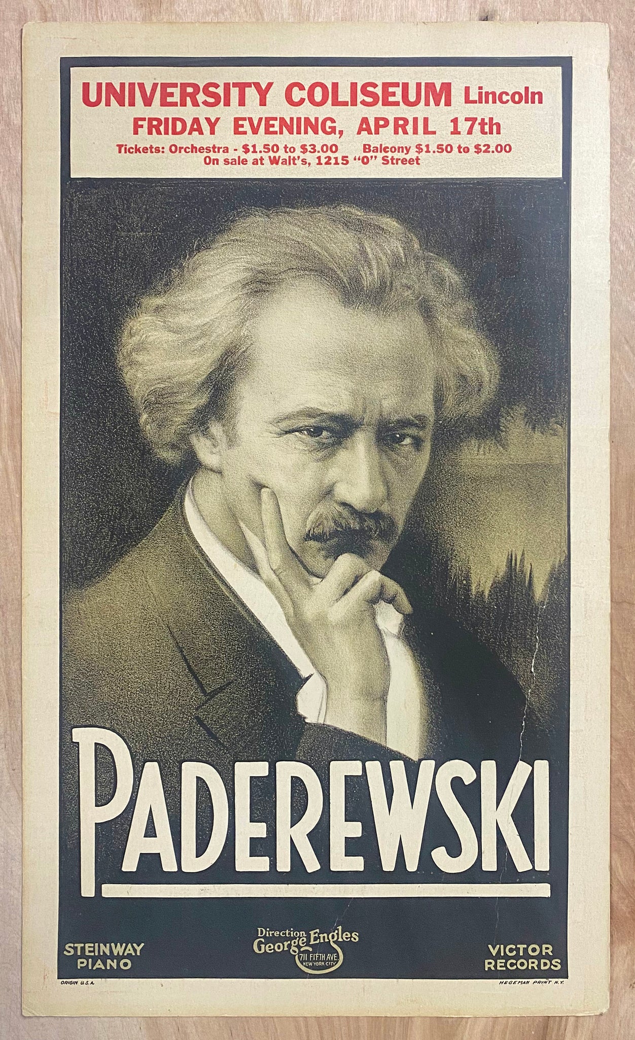 1931 Pianist Ignacy Paderewski Concert Window Card Poster Lincoln Nebraska