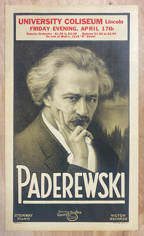 1931 Pianist Ignacy Paderewski Concert Window Card Poster Lincoln Nebraska